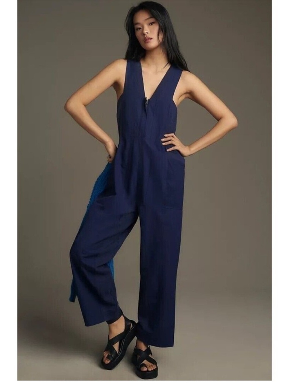 Anthropologie Daily Practice Zip-Front Drawstring Jumpsuit Navy Blue Size L